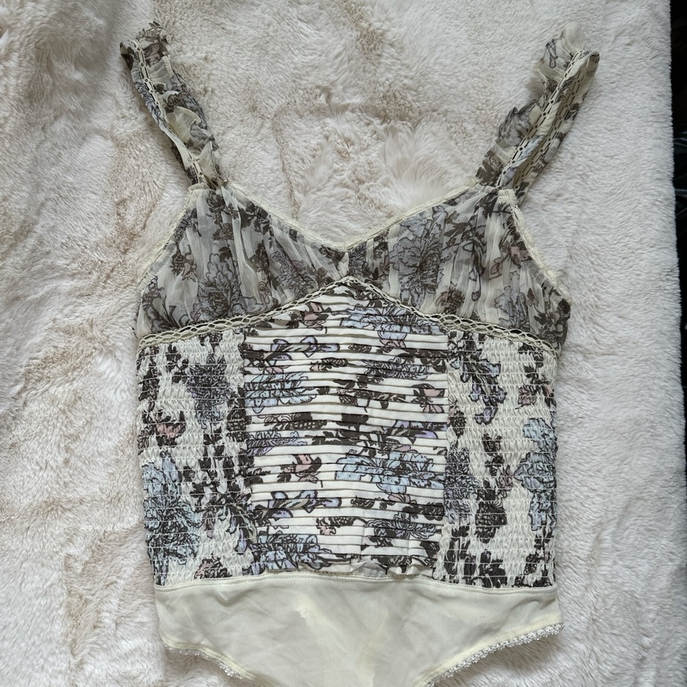 Free People Sheer Floral Lace-Trim Bodysuit in Ivory and Taupe